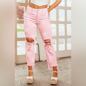 Risen Baby Pink Star Print High Rise Jeans